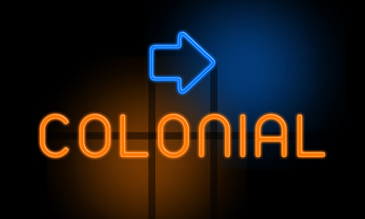Colonial - orange glowing text with an arrow on dark background
