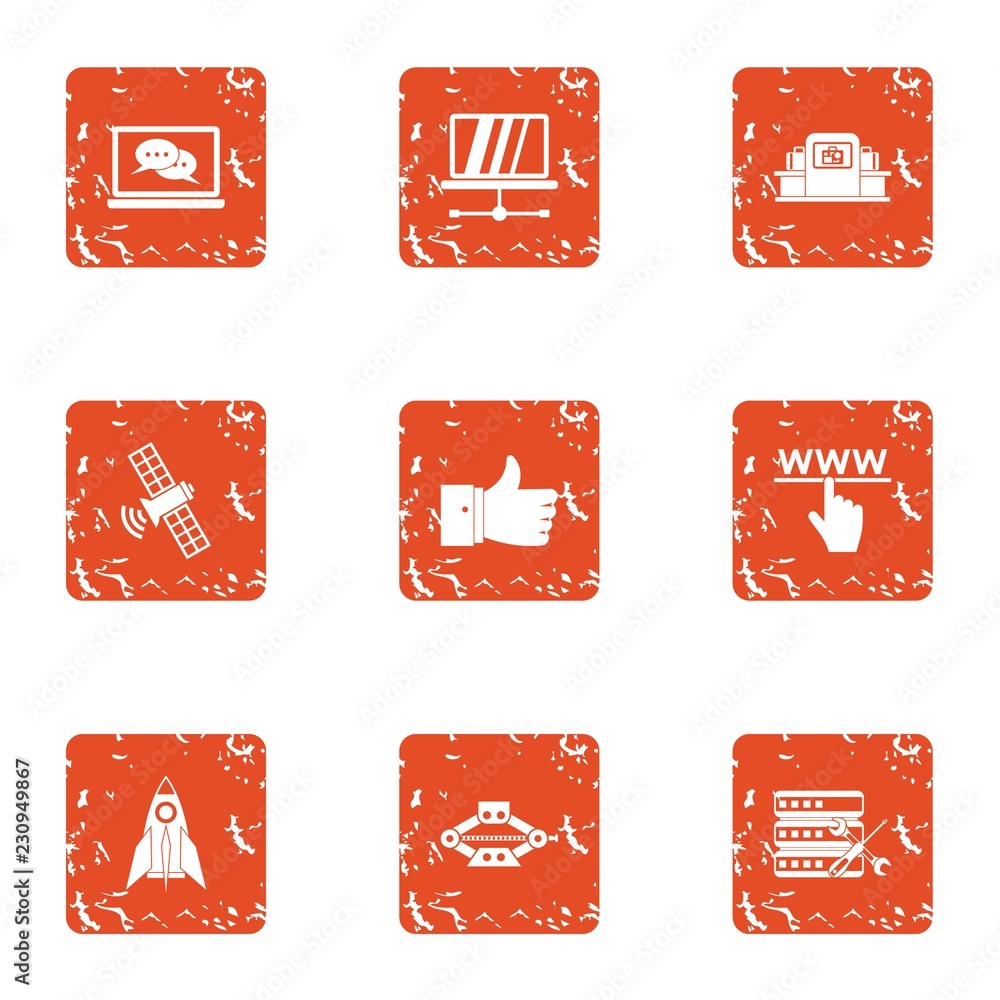 Poster artificial satellite icons set. grunge set of 9 artificial satellite vector icons for web isolated o