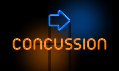 Concussion - orange glowing text with an arrow on dark background