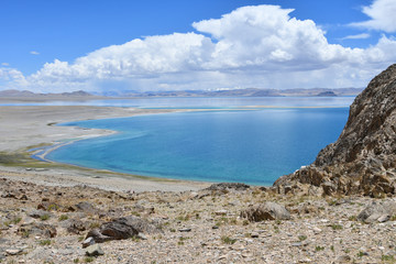 China. Great lakes of Tibet. Lake Teri Tashi Namtso in sunny summer day