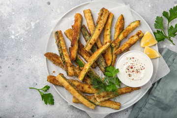 crispy zucchini fries with garlic yogurt sause