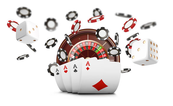 Playing cards and poker chips fly casino. Casino roulette concept on white background. Poker casino vector illustration. Red and black realistic chip in the air. Gambling poker mobile app icon.