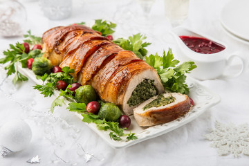 bacon wrapped turkey breast stuffed with spinach and cheese, - obrazy, fototapety, plakaty