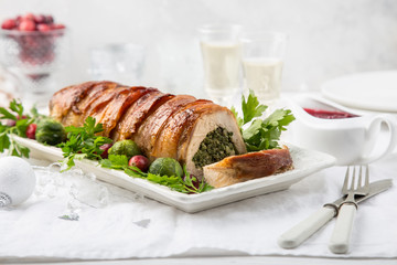 bacon wrapped turkey breast stuffed with spinach and cheese for Christmas dinner