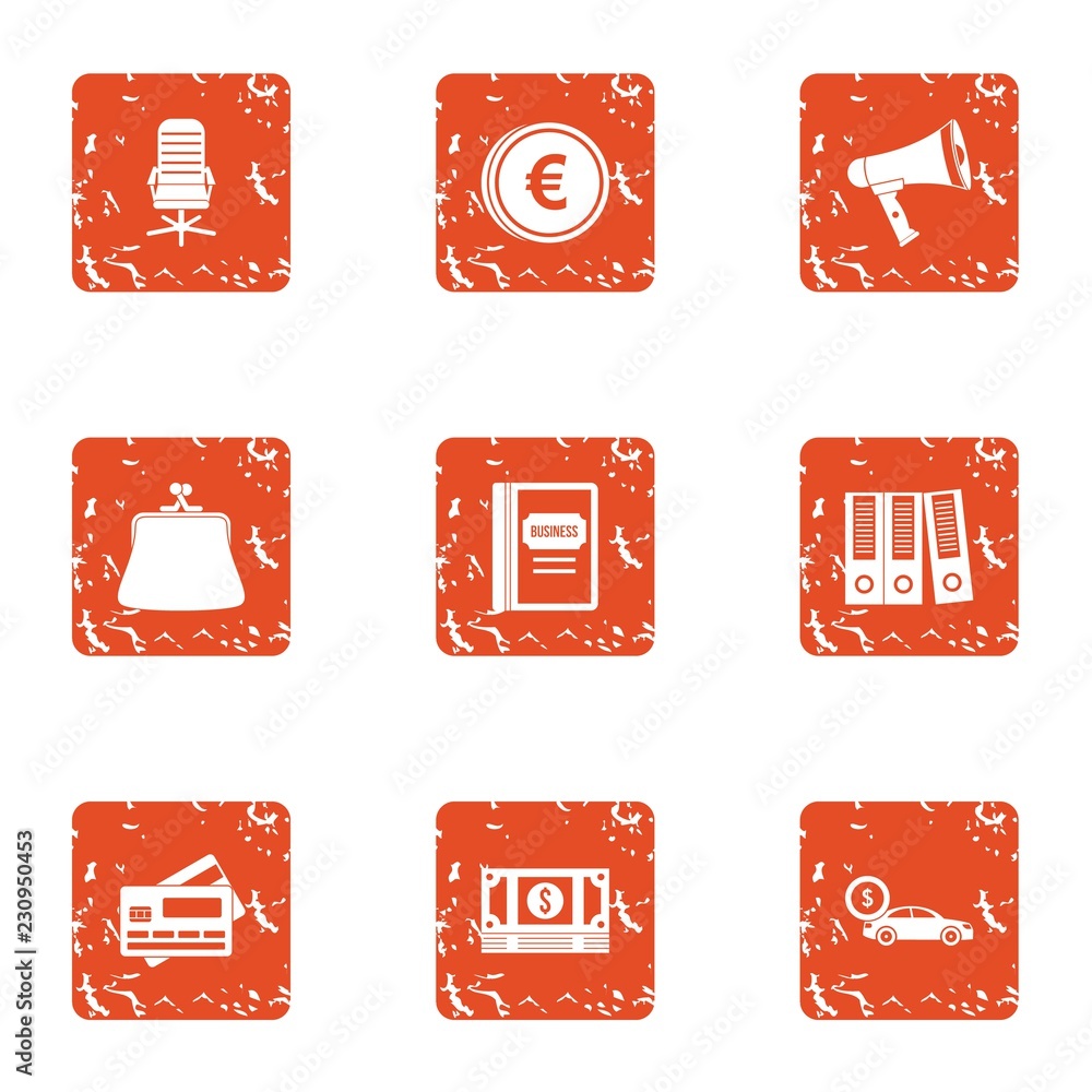 Poster box office icons set. grunge set of 9 box office vector icons for web isolated on white background