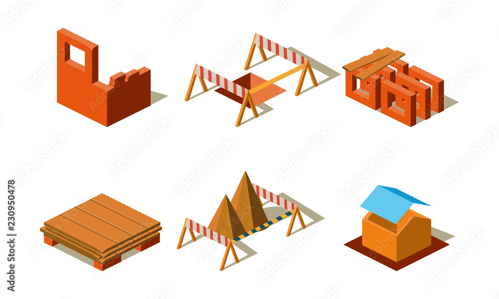 Poster construction buildings and wall structures, elements for computer game interface vector illustration