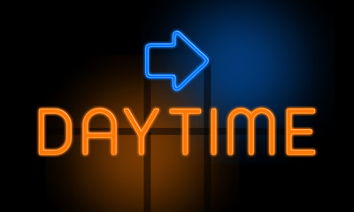 Fototapeta premium Daytime - orange glowing text with an arrow on dark background