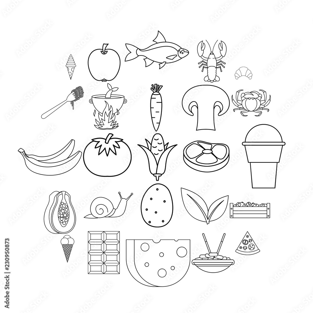 Poster edible icons set. outline set of 25 edible vector icons for web isolated on white background