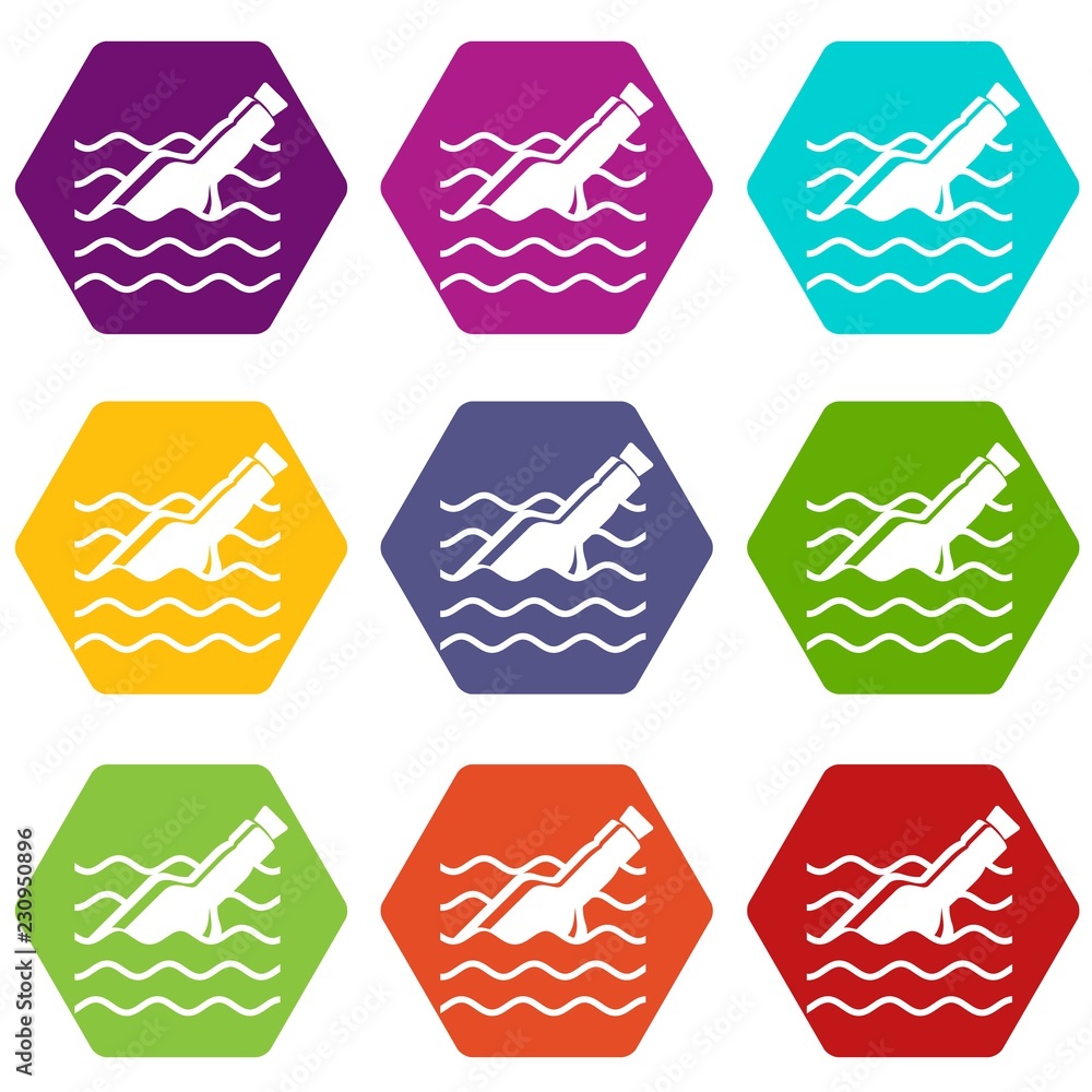 Poster message in bottle icons 9 set coloful isolated on white for web