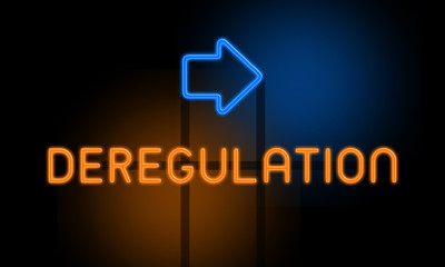 Deregulation - orange glowing text with an arrow on dark background