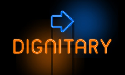 Dignitary - orange glowing text with an arrow on dark background
