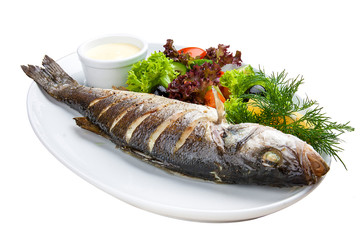 Seabass baked with herbs on a white plate