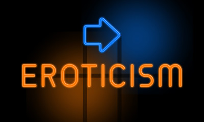 Eroticism - orange glowing text with an arrow on dark background