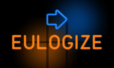 Eulogize - orange glowing text with an arrow on dark background