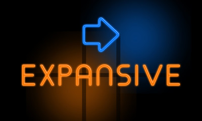 Expansive - orange glowing text with an arrow on dark background