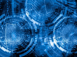 Technology background concept. Abstract blue background. Double exposure of computer hologram on black background.