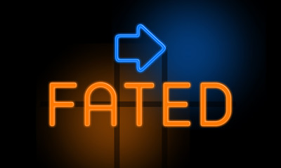 Fated - orange glowing text with an arrow on dark background