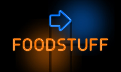 Foodstuff - orange glowing text with an arrow on dark background