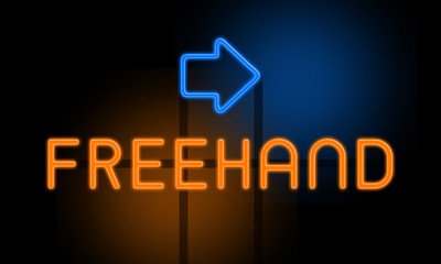 Freehand - orange glowing text with an arrow on dark background