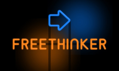 Freethinker - orange glowing text with an arrow on dark background