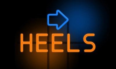 Heels - orange glowing text with an arrow on dark background