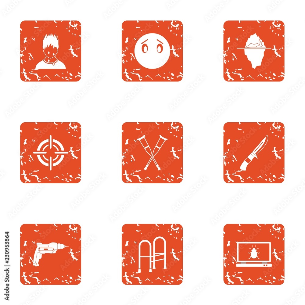Poster accident experiment icons set. grunge set of 9 accident experiment vector icons for web isolated on 