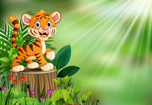 Cartoon of tiger on tree stump with green leaves and flowering plant