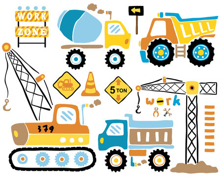 Vector set of construction vehicles cartoon illustration.