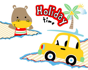 Vector illustration with hippo cartoon and little car