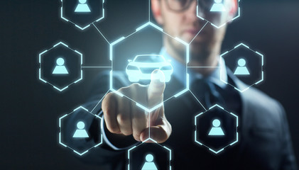 business, rental service and future technology concept - close up of businessman with virtual...