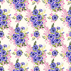 Delightful seamless pattern with small flowers of cute petunias. Regular order. Country style millefleurs. Floral background for home textiles, interiors, linens.