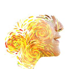 Paintography. Double exposure portrait of a beautiful woman combined with impressionistic style...