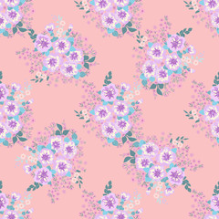 Delightful seamless pattern with small flowers of cute petunias. Regular order. Country style millefleurs. Floral background for home textiles, interiors, linens.