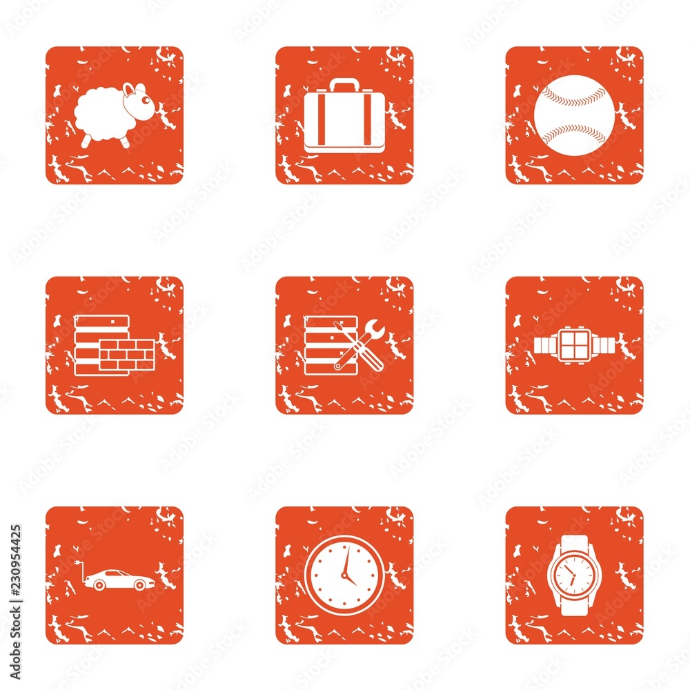 Poster fix time icons set. grunge set of 9 fix time vector icons for web isolated on white background