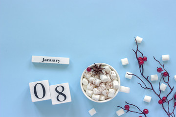 Calendar January 8 Cup of cocoa, marshmallows and branch berries