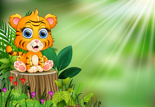 Cartoon of baby tiger sitting on tree stump with green plants