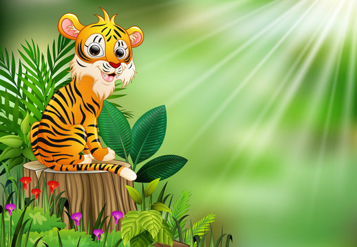 Cartoon happy tiger sitting on tree stump with green plants