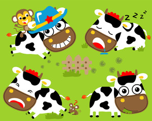 Vector set of funny cow cartoon with friend