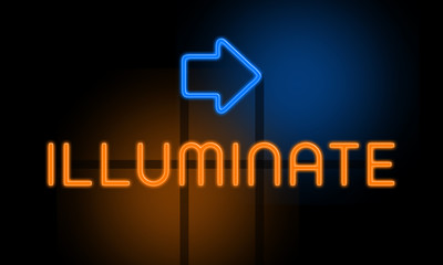 Illuminate - orange glowing text with an arrow on dark background