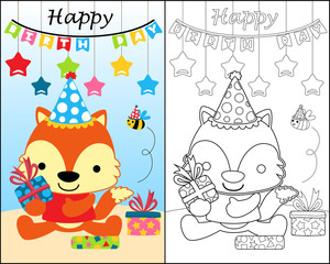 coloring book with funny fox cartoon in birthday party