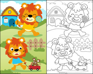 coloring book with funny lions cartoon