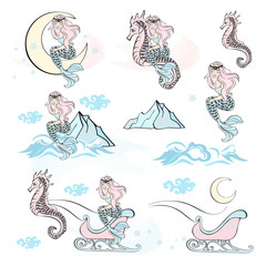 Merry Christmas Sea Ocean Color Vector Illustration CHRISTMAS MERMAID CHRACTERS COLLECTION for Birthday and Party, Wall Decorations, Scrapbooking, Baby Book, Photo Albums and Card Print