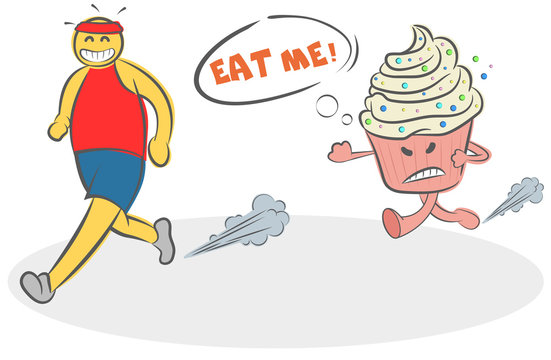Funny Cartoon evil cake running after the runner and asks him to eat himself. Concept of motivation, diet, sport, fitness, willpower, running, eat me, unhealthy food. Doodle vector illustration. Logo.