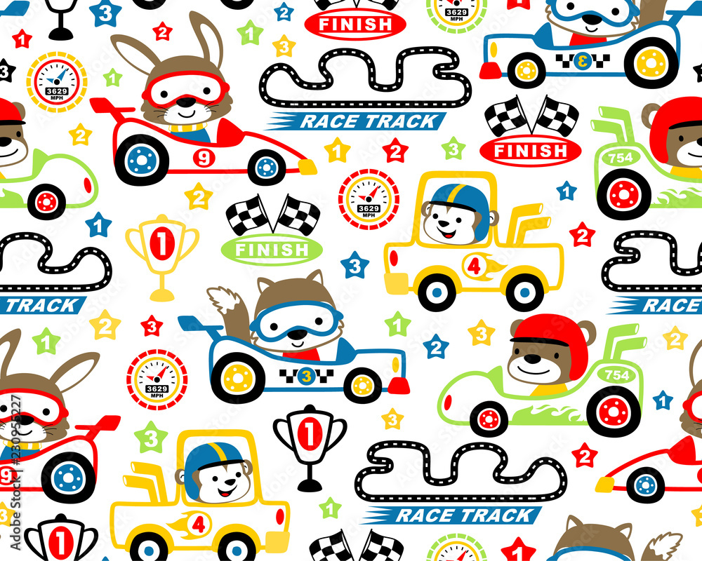 Sticker vector of seamless pattern with car racing cartoon