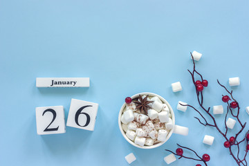 Calendar January 26 Cup of cocoa, marshmallows and branch berries