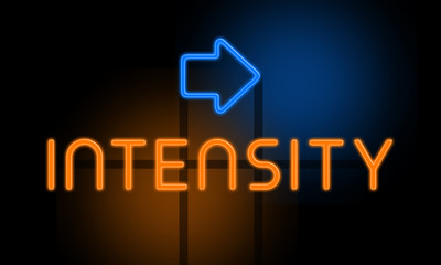 Intensity - orange glowing text with an arrow on dark background