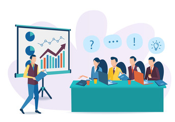 The concept of business training. Corporate training. Seminar for employees. Analysis of statistics. Briefing. Vector illustration in flat style.
