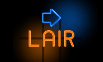 Obraz premium Lair - orange glowing text with an arrow on dark background