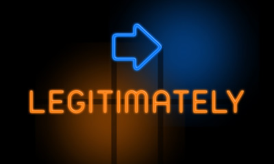 Fototapeta premium Legitimately - orange glowing text with an arrow on dark background