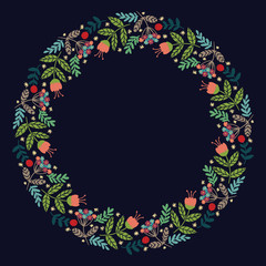 Christmas Wreath with Round Frame for Cards Design Vector Layout with Copyspace Can be use for Decorative Kit, Invitations, Greeting Cards, Blogs, Posters, Merry Christmas and Happy New Year.